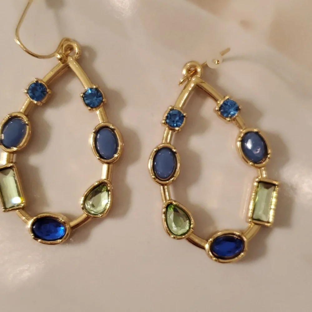 Jewel tones blue, green gold, beautiful earrings NEW - Picture 2 of 5